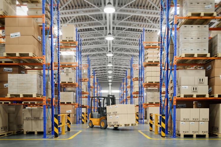 A brightly lit industrial warehouse.